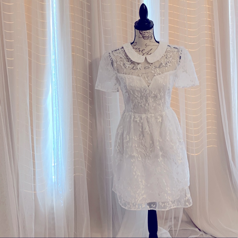 BCBGen WHITE SHEER DRESS with White Floral Embroidery  Details